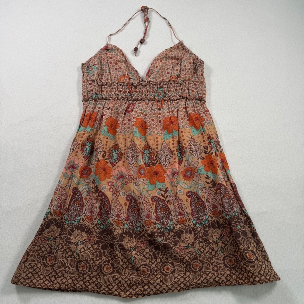 Y2K Bershka Orange Floral Paisley Halter Top Smocked Cotton Boho Womens Medium